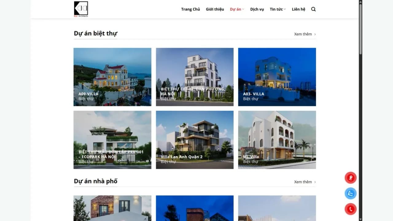 Danh mục công trình trên website KAA Architects do Cyno thiết kế