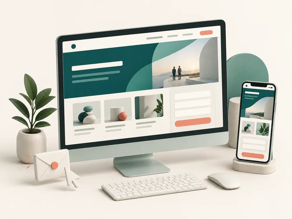 Minh họa website trên máy tính và điện thoại với luồng tìm hiểu dịch vụ, liên hệ