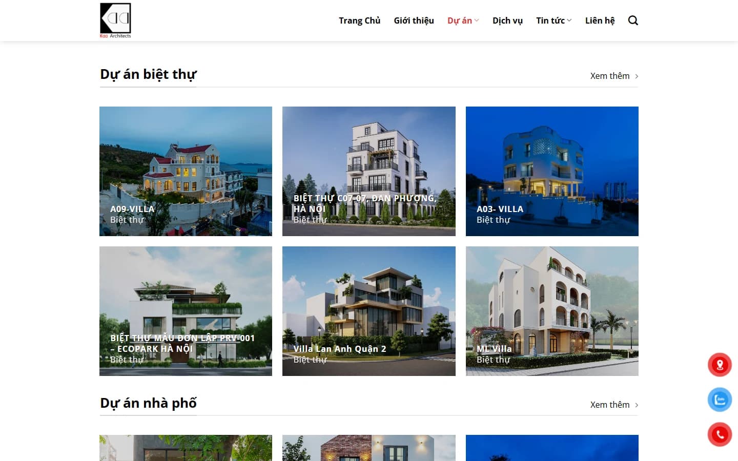 Ảnh chụp giao diện danh mục công trình trên website KAA Architects