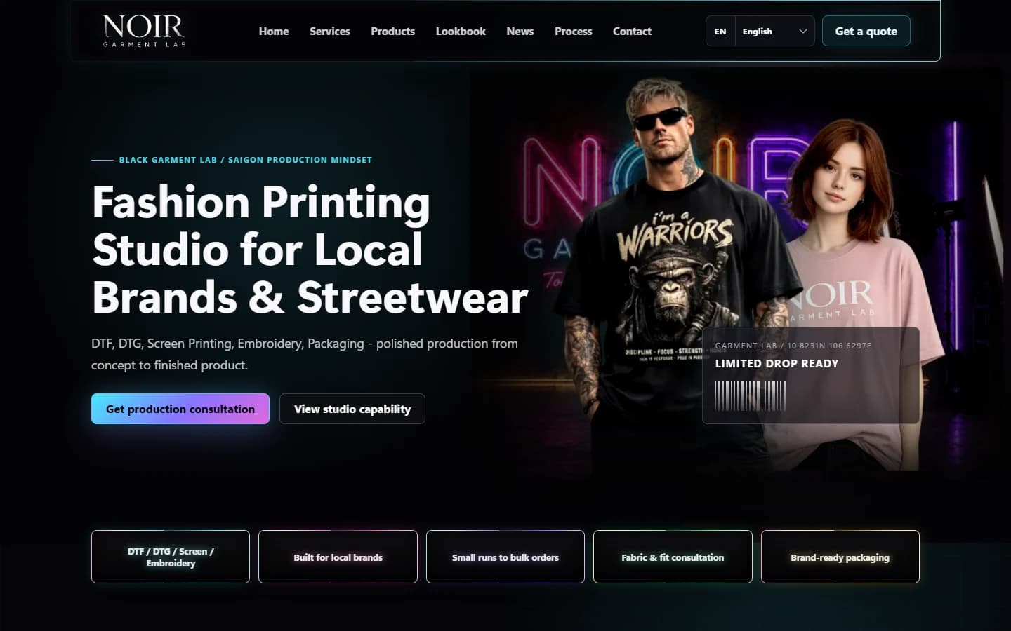 Ảnh chụp giao diện trang chủ website Noir Garment Lab