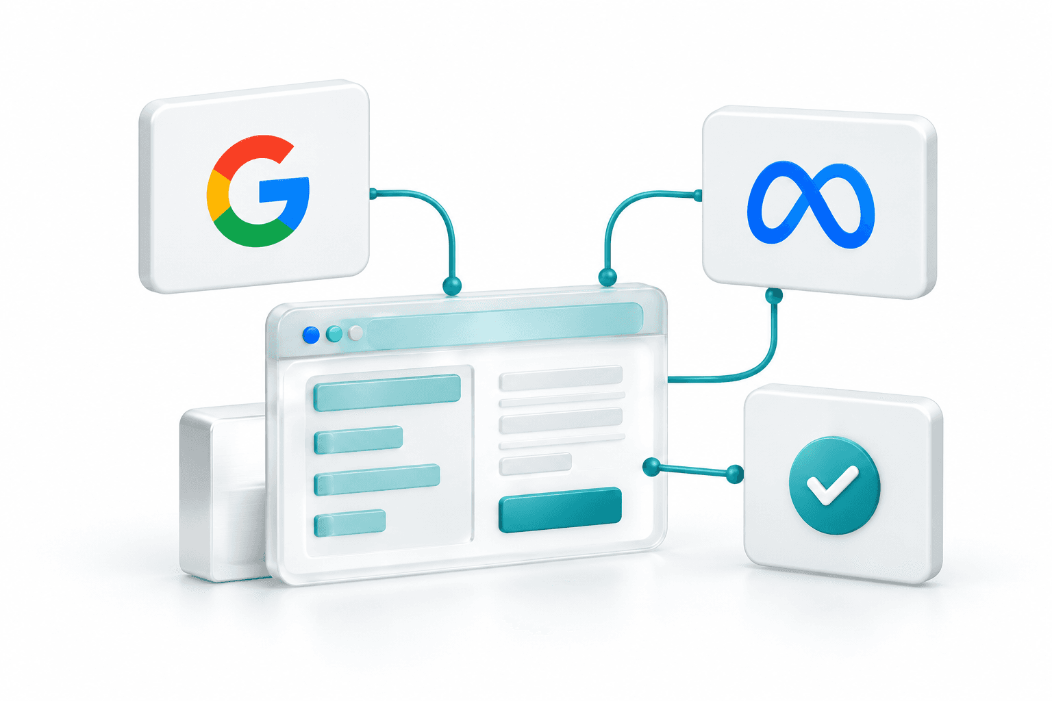 Illustration of Google Search and Meta connecting to a landing page, enquiry form and submission confirmation