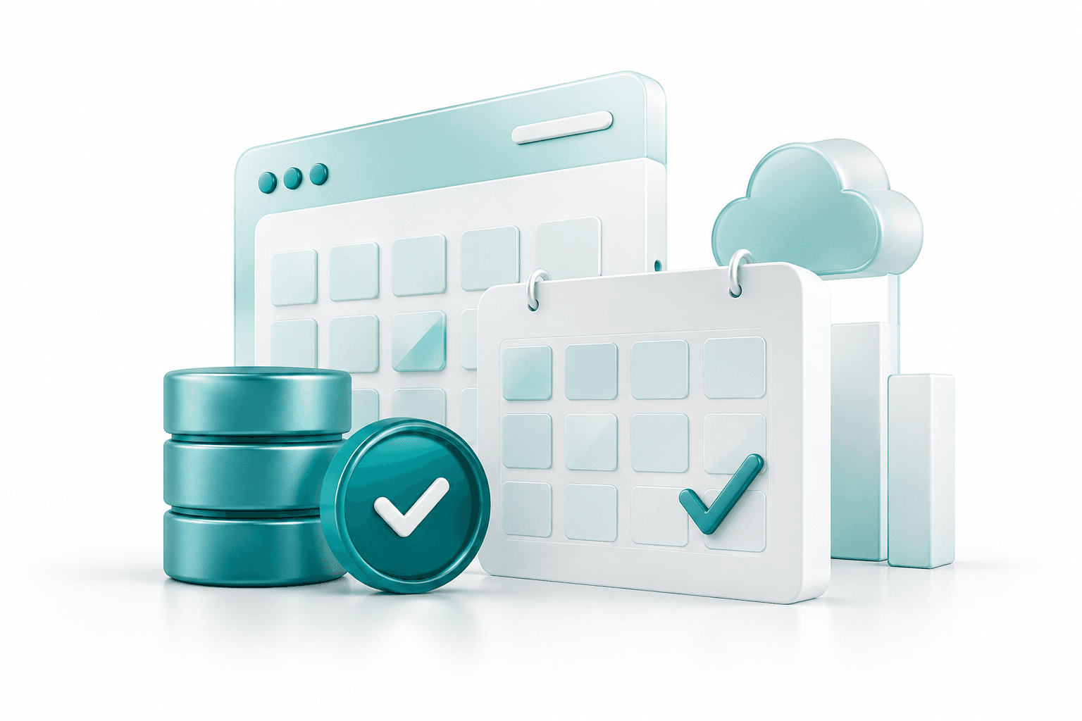 Minh họa khối website bằng kính cùng lịch bảo trì, bản sao dữ liệu và dấu kiểm.