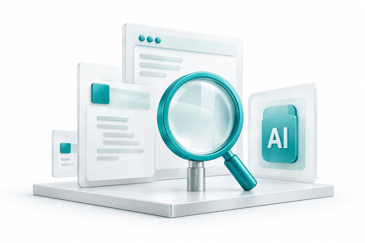 Conceptual glass illustration of search, source documents and AI-assisted discovery