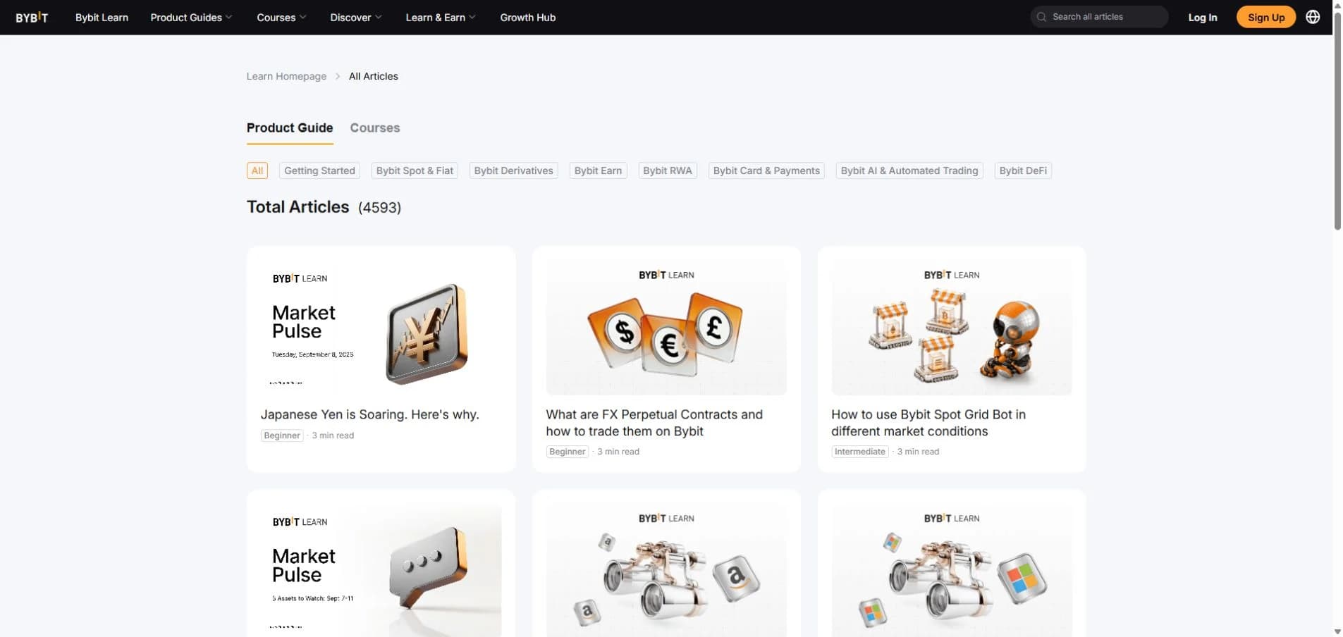 Danh mục Product Guides của Bybit Learn với nhóm chủ đề và thẻ bài viết