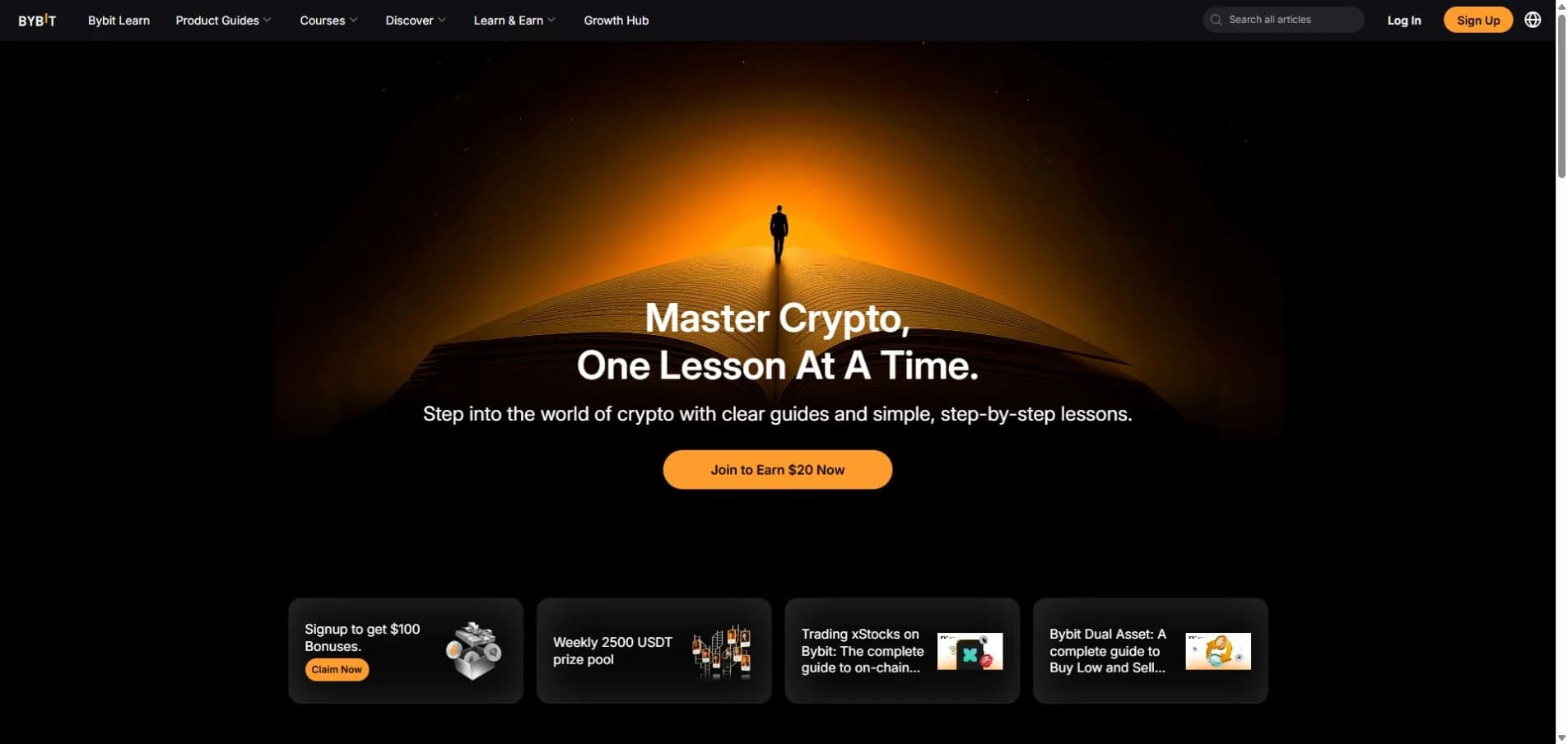 Trang chủ Bybit Learn với hình ảnh cuốn sách và các lối truy cập nội dung học tập