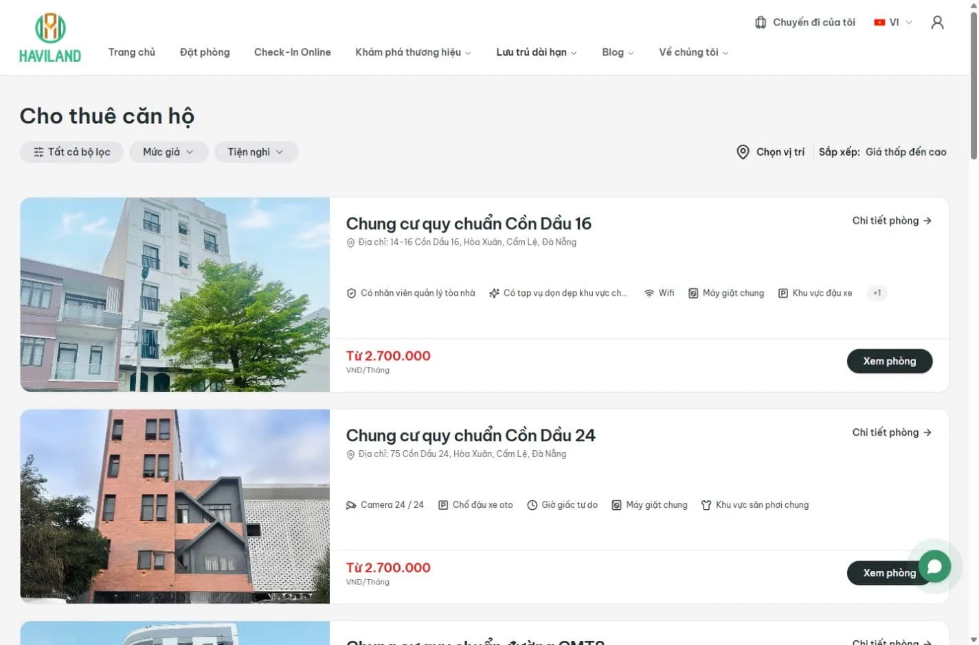 Danh sách căn hộ dài hạn trên website Haviland House với vị trí và tiện nghi