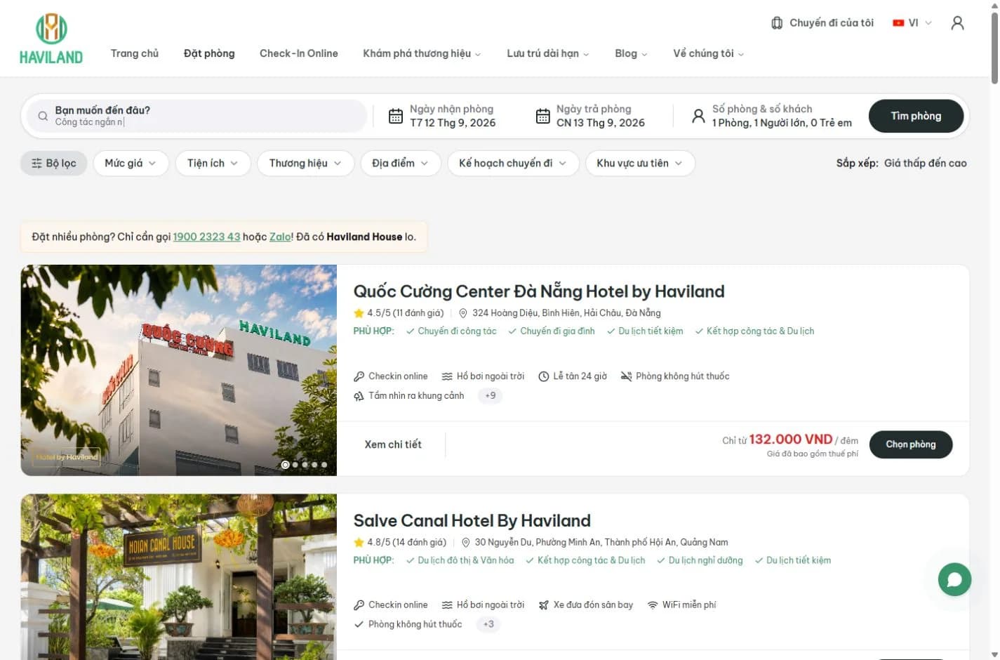 Trang tìm khách sạn Haviland House với bộ lọc và danh sách nơi lưu trú