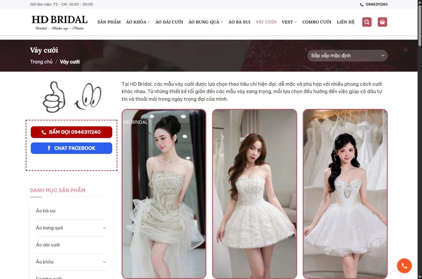 Danh mục váy cưới HD Bridal với ảnh mẫu và các lựa chọn sắp xếp