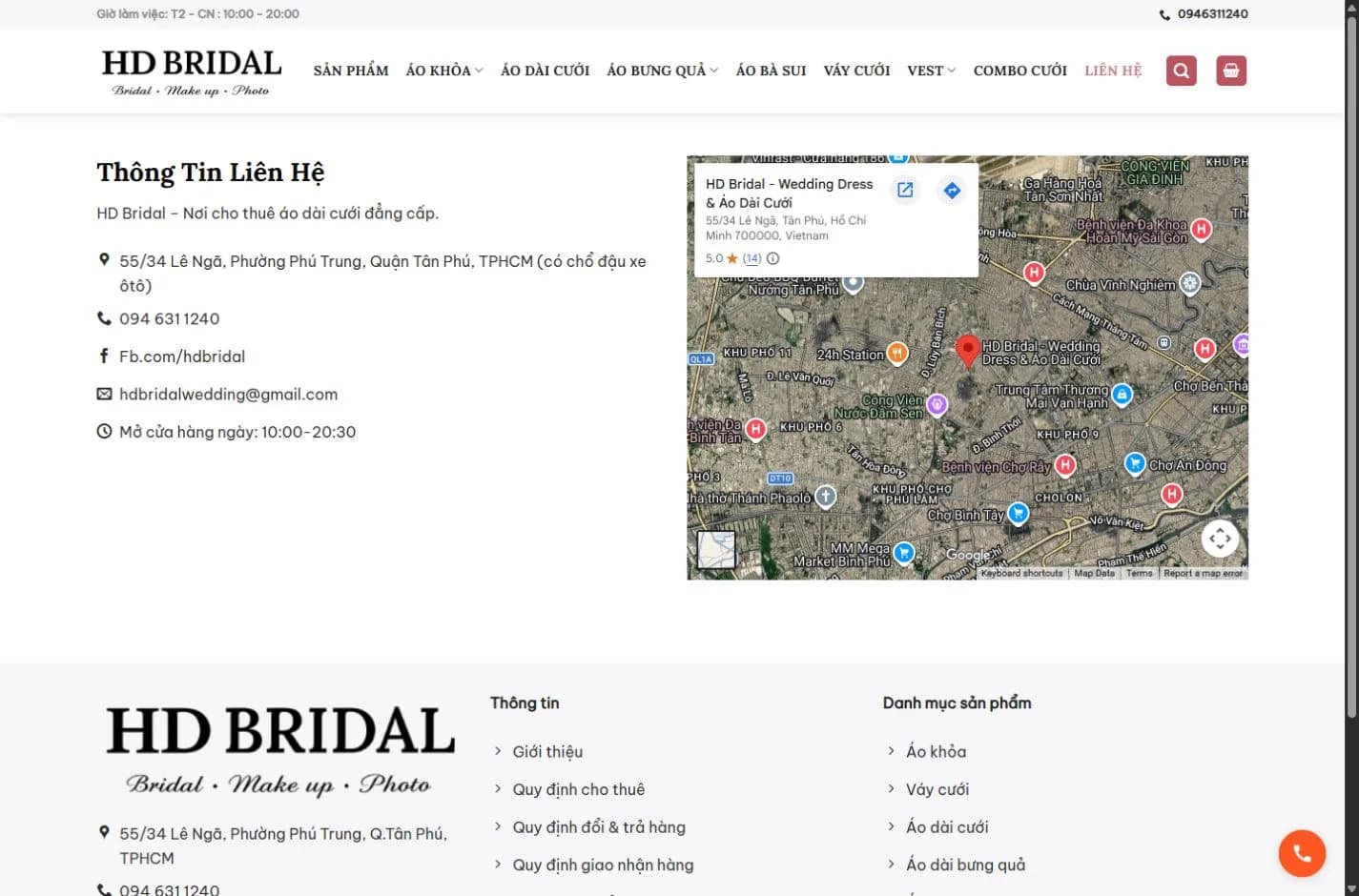 Trang liên hệ HD Bridal với thông tin cửa hàng và bản đồ