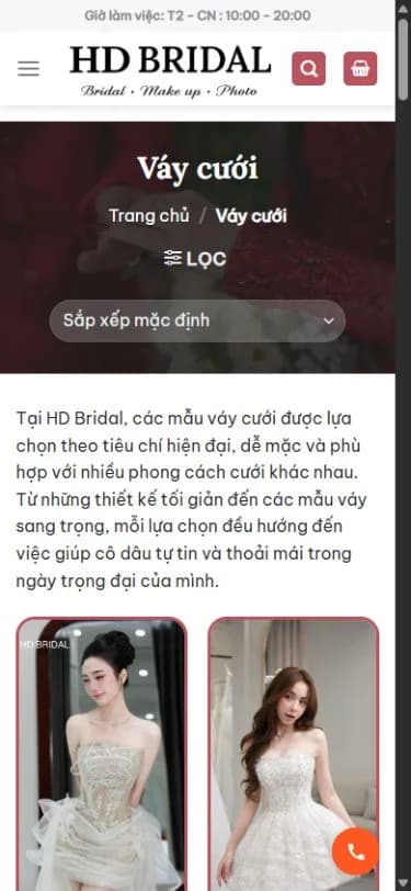 Danh mục váy cưới HD Bridal hiển thị trên điện thoại