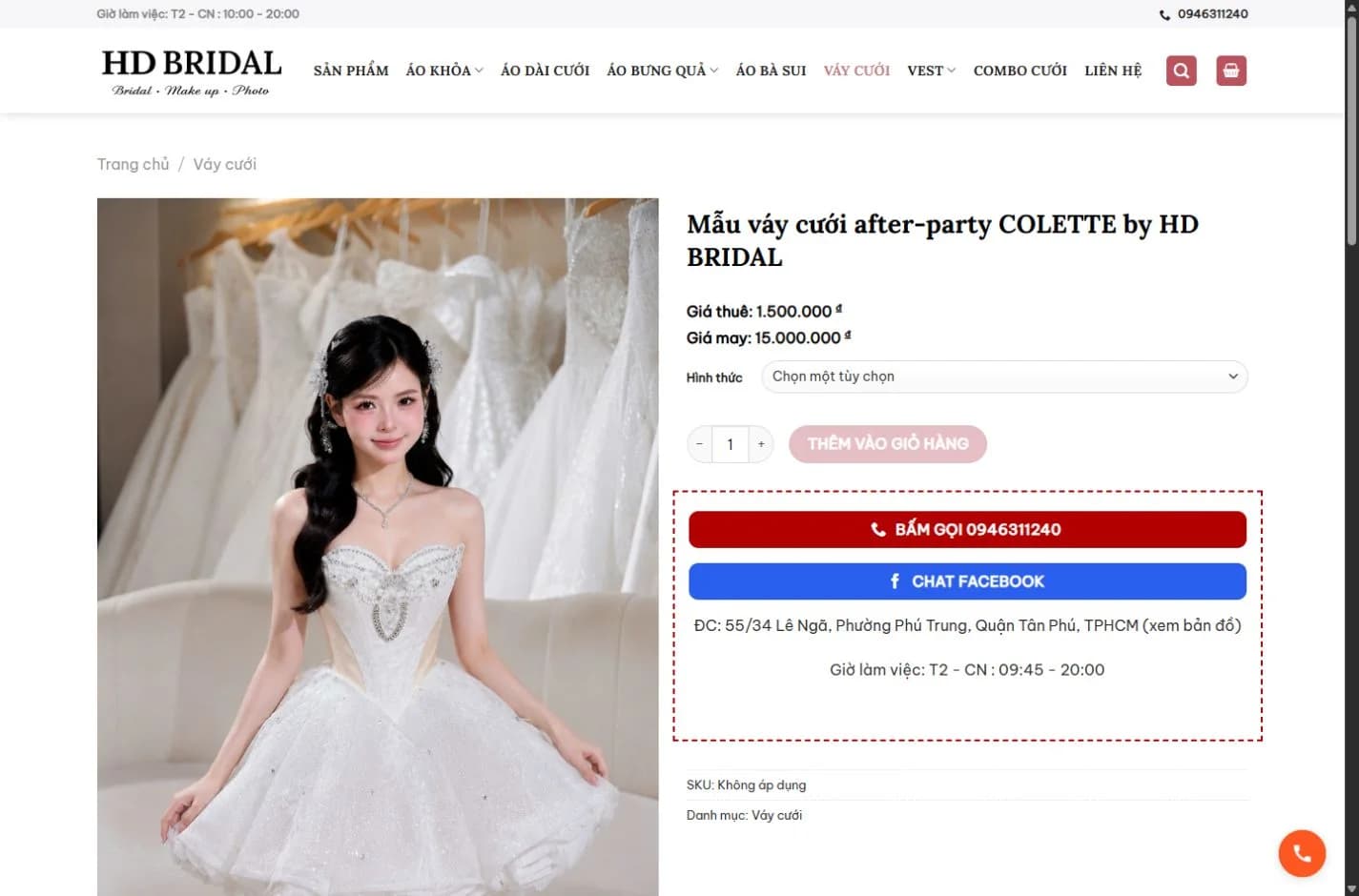 Trang mẫu váy COLETTE của HD Bridal với ảnh lớn, giá thuê, giá may và nút liên hệ