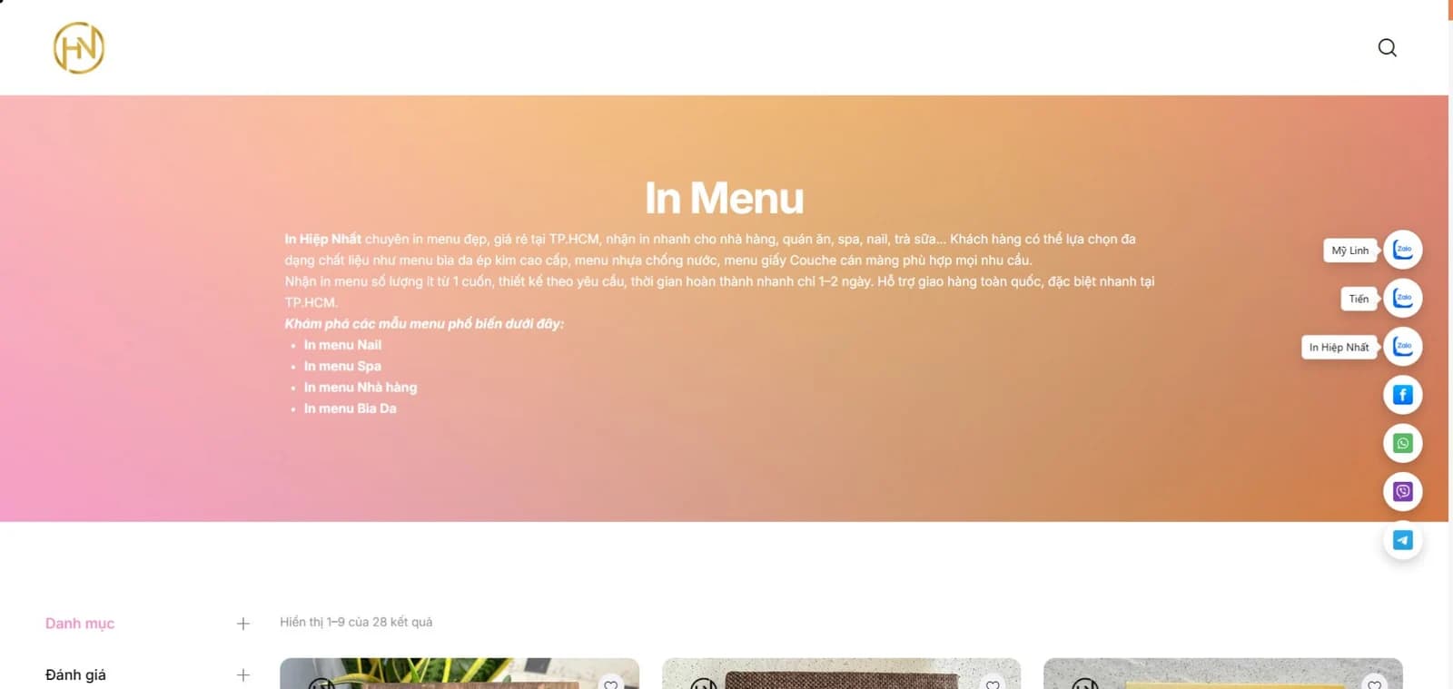 Danh mục In Menu trên website In Hiệp Nhất với các nhóm menu và mẫu sản phẩm
