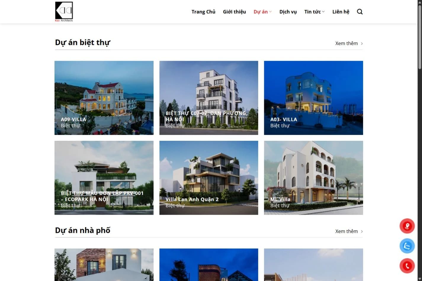 Danh mục công trình trên website KAA Architects do Cyno thiết kế
