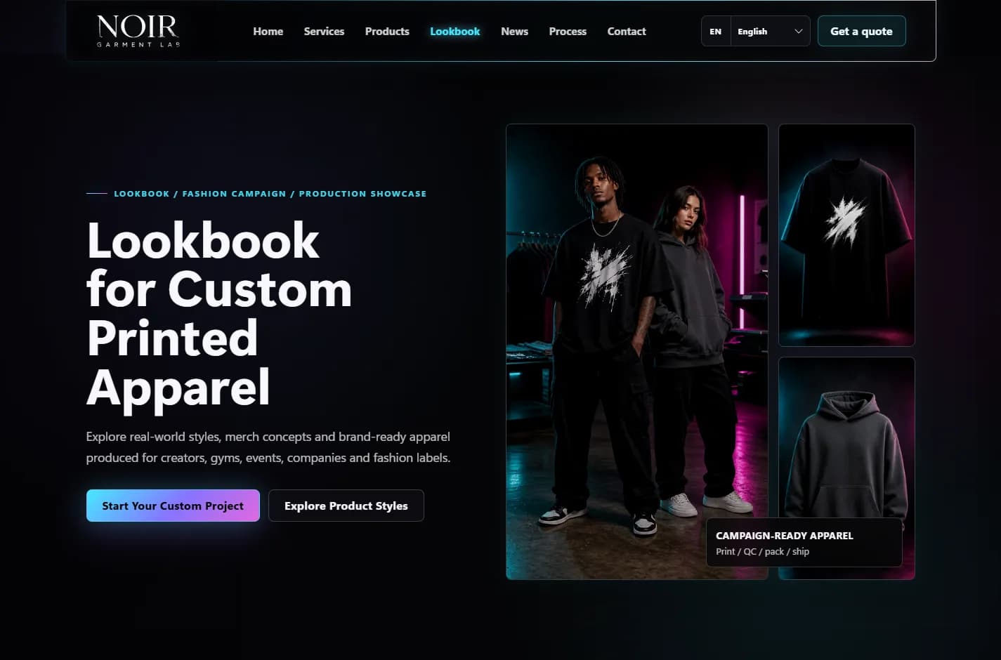 Lookbook Noir Garment Lab kết hợp hình người mặc và hình trang phục trên nền tối