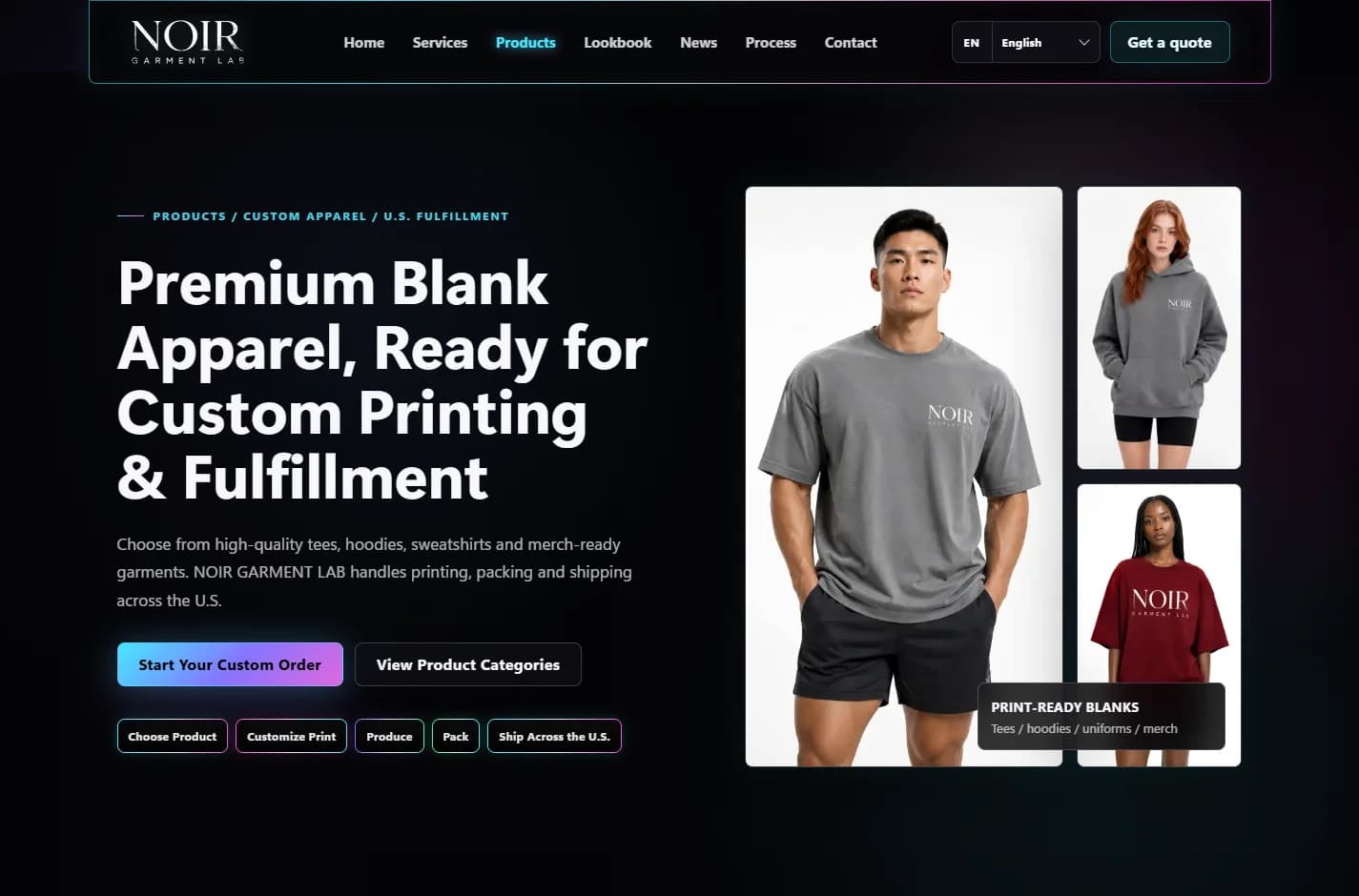 Trang sản phẩm Noir Garment Lab với hình ảnh áo thun, hoodie và các nhóm trang phục