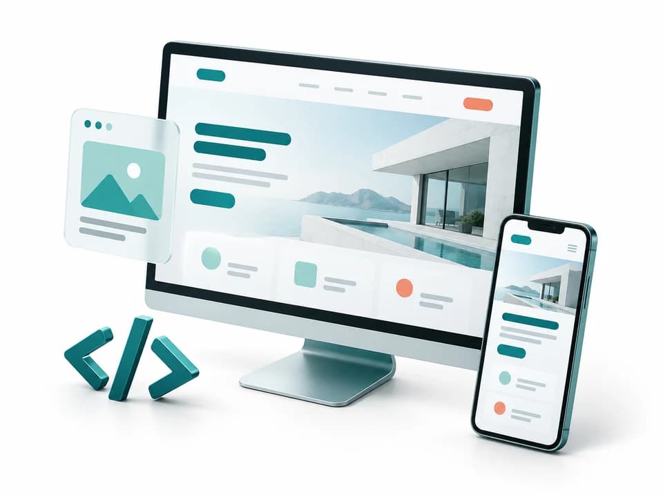 Minh họa AI thiết kế website đồng bộ trên máy tính và điện thoại