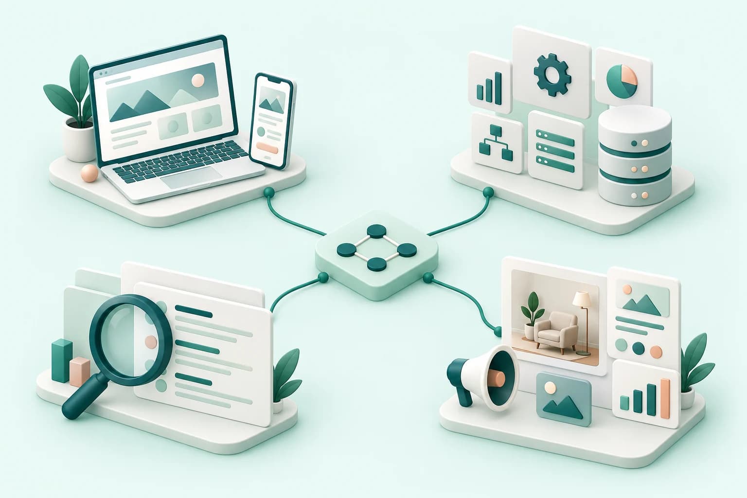 Minh họa bốn dịch vụ website, phần mềm quản lý, SEO và quảng cáo cho doanh nghiệp