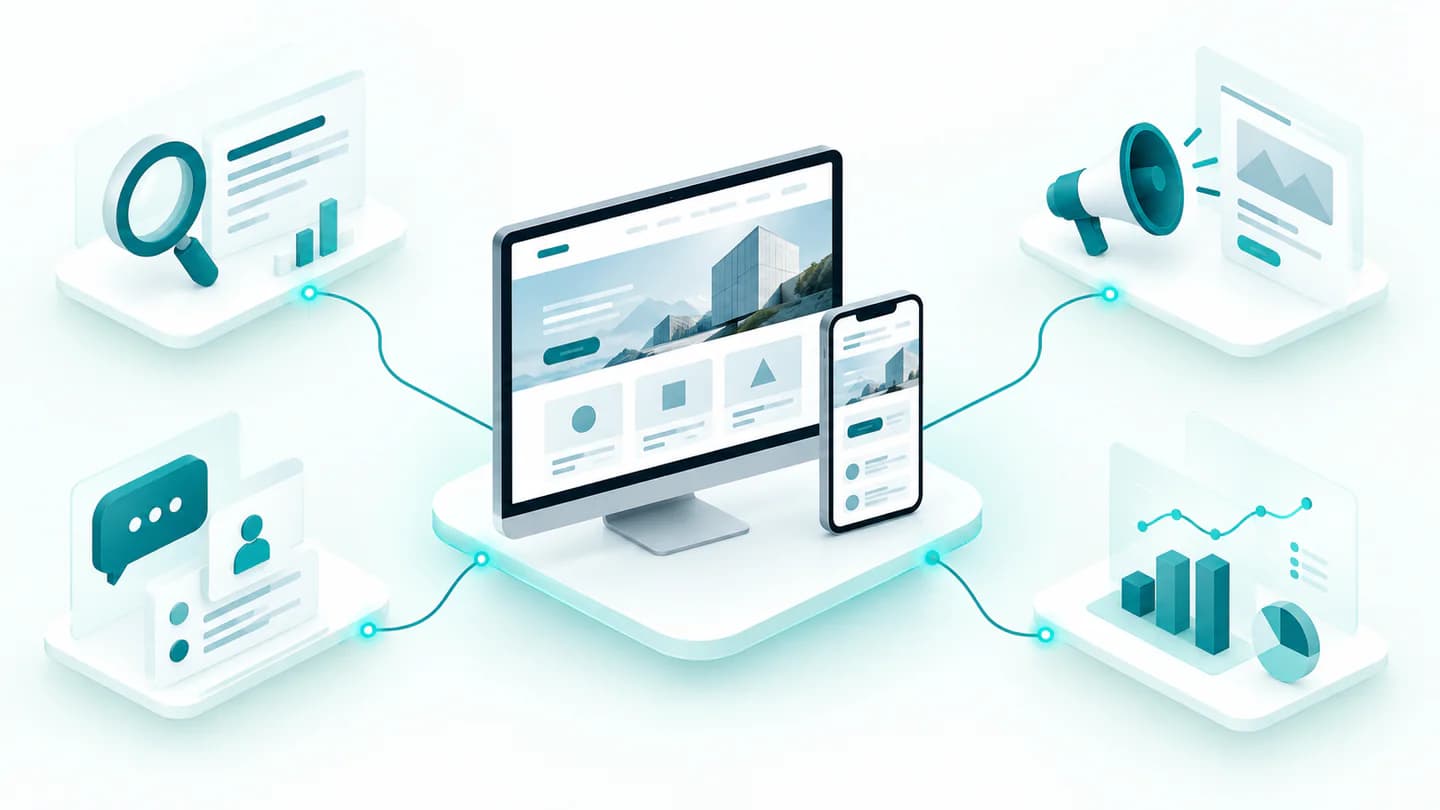 Website kết nối nhu cầu tìm kiếm, chiến dịch thu hút khách, quá trình tiếp nhận yêu cầu và dữ liệu đo lường trong cùng một hành trình.