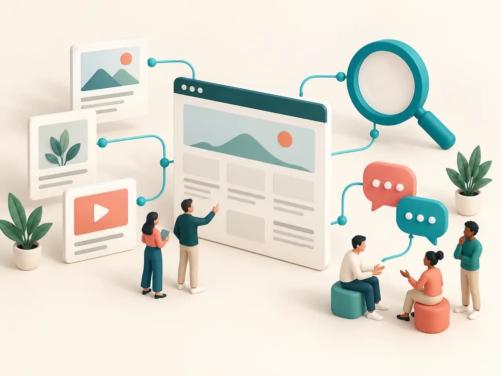 Minh họa kết nối tìm kiếm, nội dung website và trao đổi với khách hàng