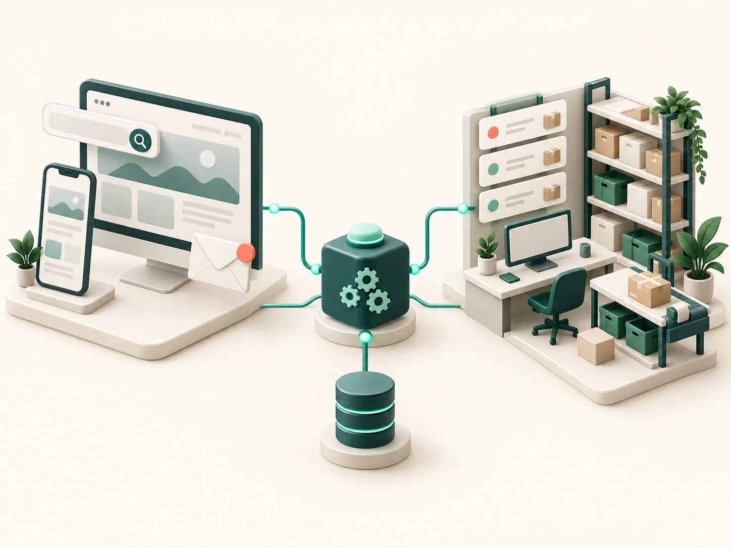 Minh họa kết nối phần mềm, vận hành doanh nghiệp với website, tìm kiếm và quảng cáo