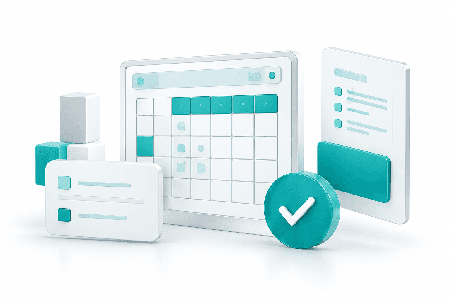 Conceptual glass website with a maintenance calendar, data copy and checkmark.