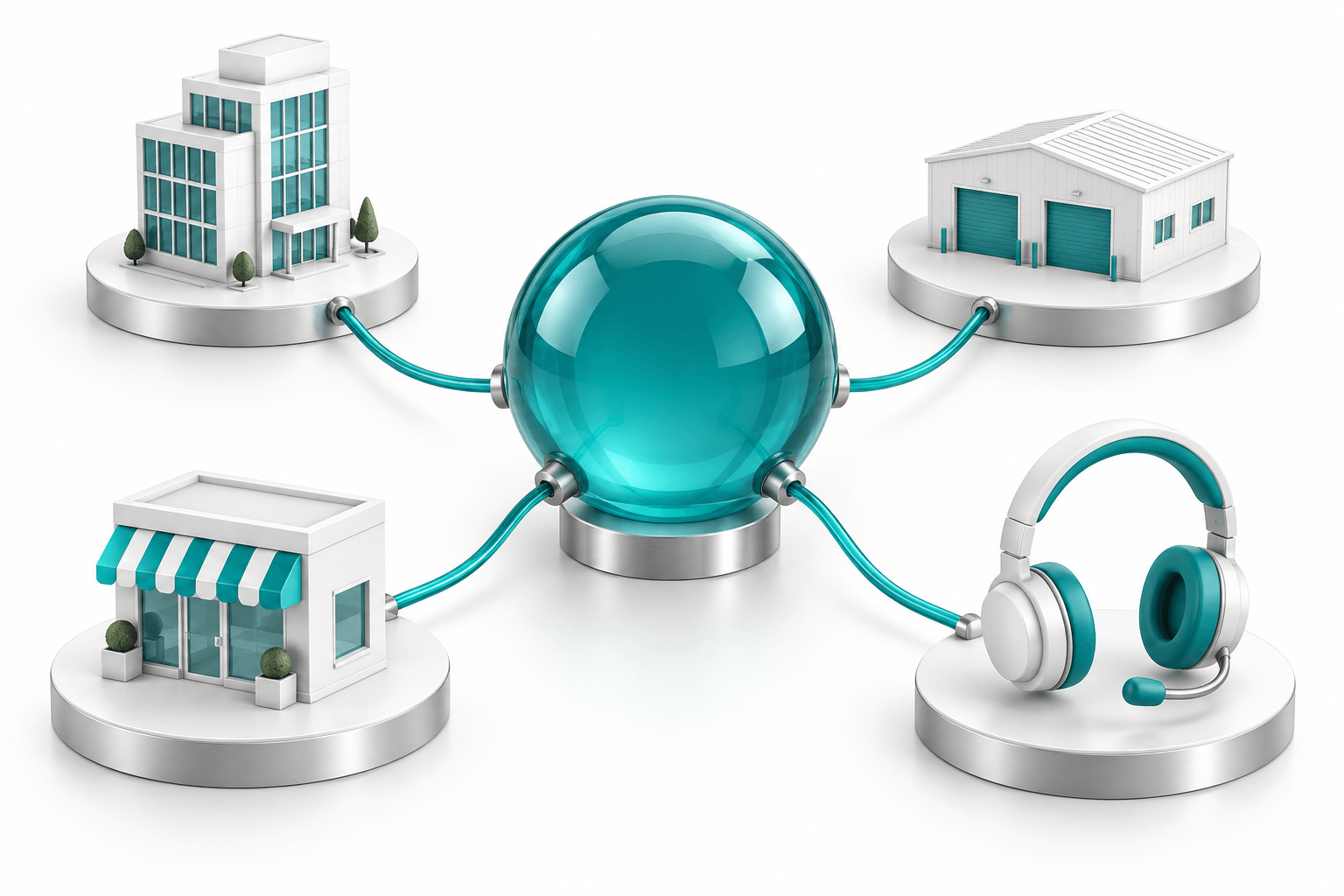 Illustration of a connected business with a shared data platform, warehouse, storefront and service team