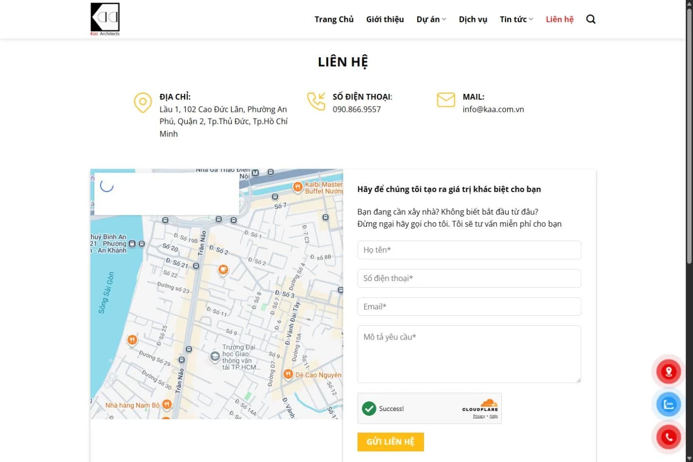 Trang liên hệ trên website KAA Architects với thông tin để khách trao đổi nhu cầu thiết kế