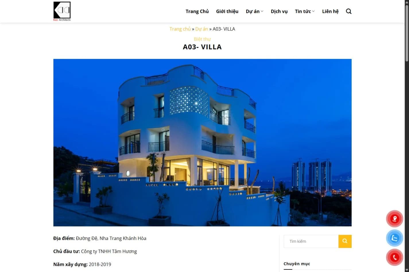 Trang A03 Villa trên website KAA Architects với ảnh công trình và thông tin dự án