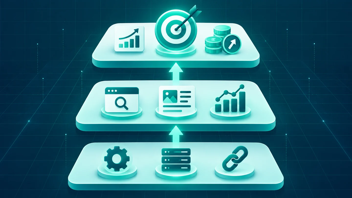 Ba tầng KPI trong báo cáo SEO gồm sức khỏe nền tảng, khả năng hiển thị và kết quả kinh doanh