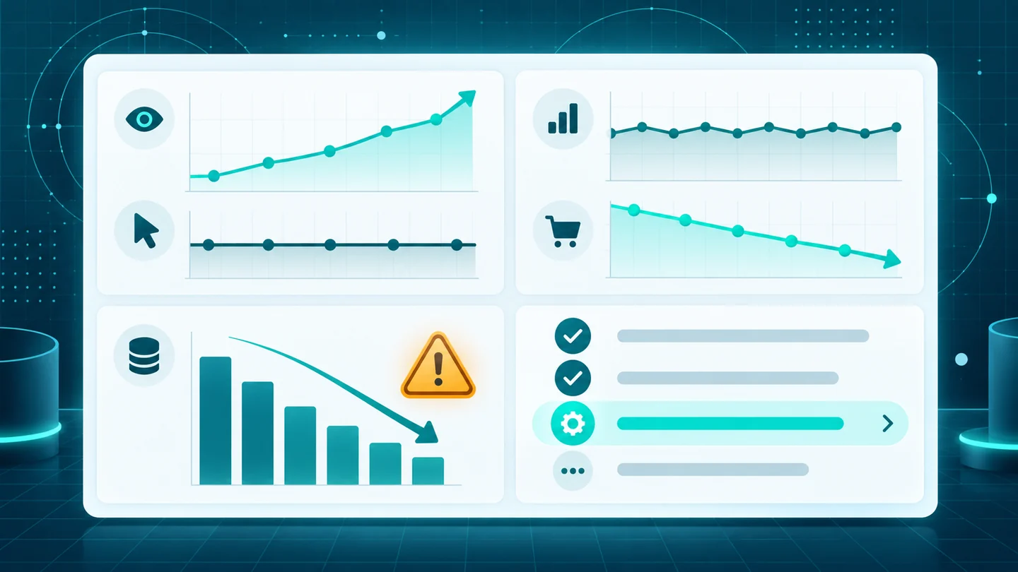 Dashboard minh họa các tín hiệu SEO tăng giảm và danh sách hành động ưu tiên