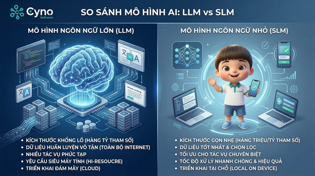 Hình so sánh trực quan giữa LLM và SLM về quy mô, hiệu năng và mục tiêu sử dụng.