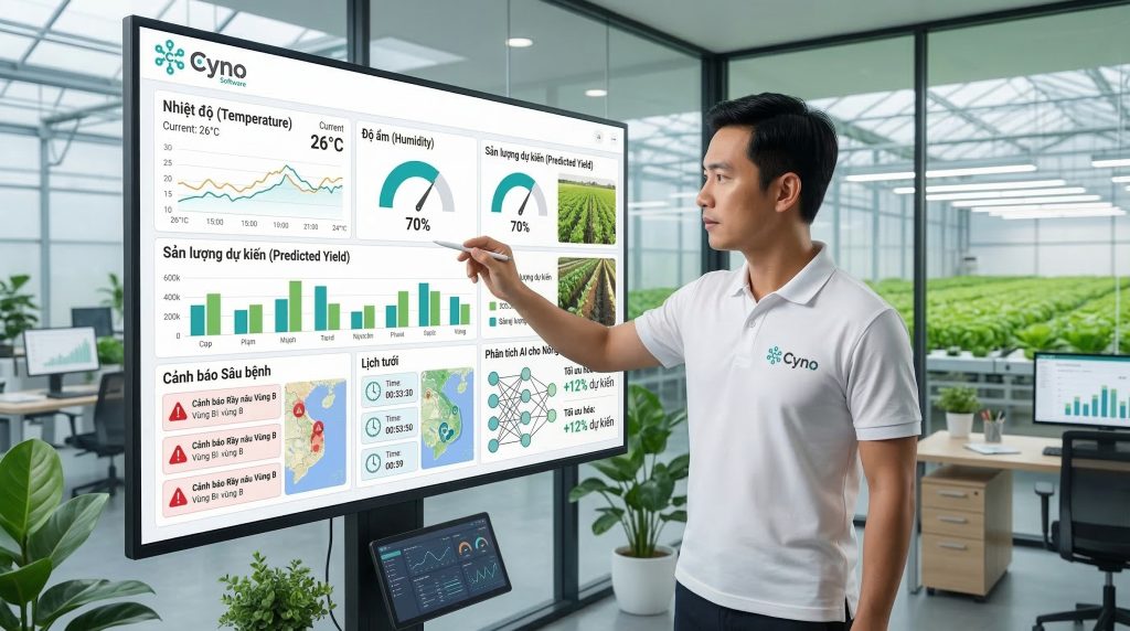 AI và dashboard quản trị giúp doanh nghiệp theo dõi dữ liệu, tối ưu vận hành và kiểm soát năng suất nông trại.