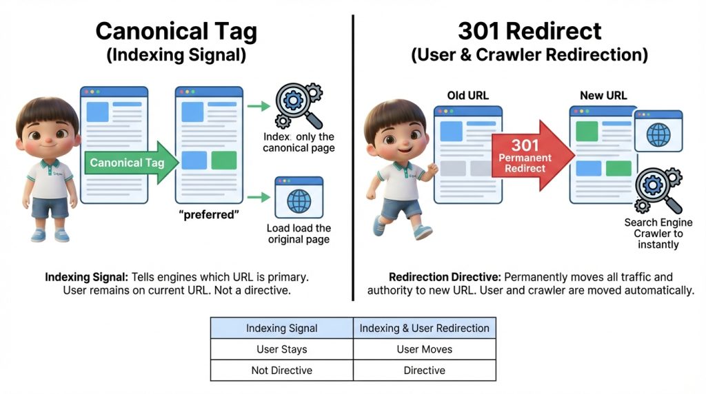 So sánh canonical và redirect 301 trong SEO kỹ thuật