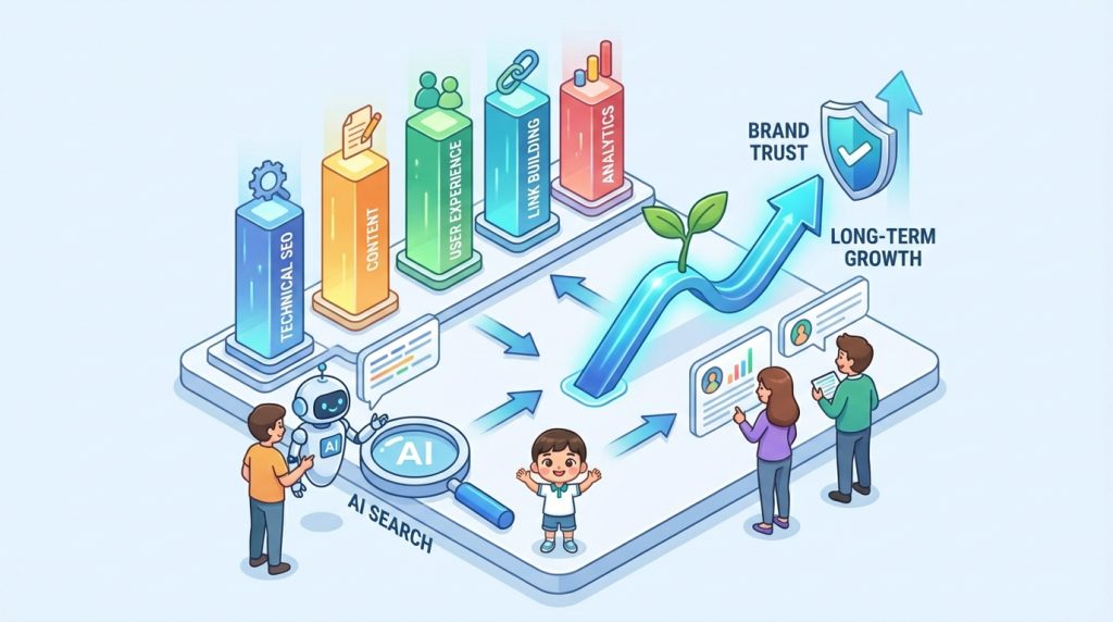 Năm trụ cột SEO hiện đại kết hợp tạo nên hệ sinh thái thương hiệu bền vững