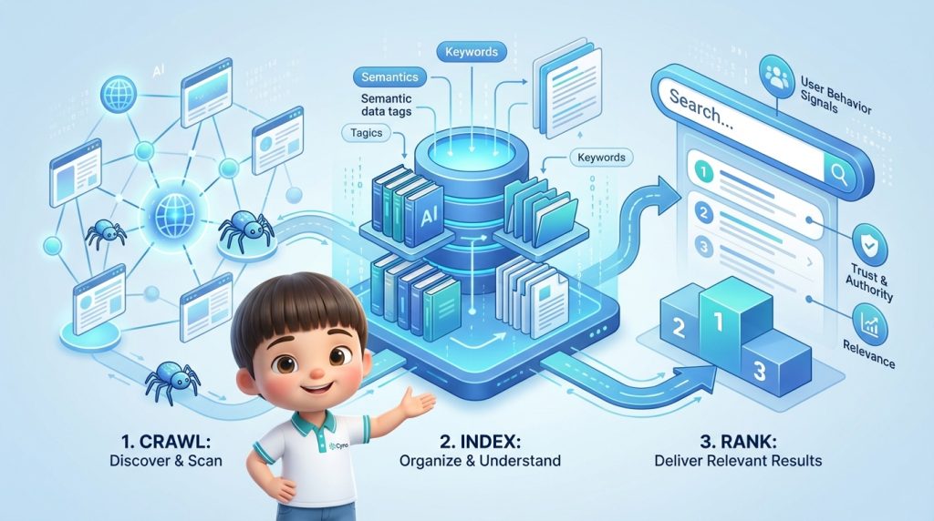 Google Search hoạt động thế nào qua ba giai đoạn crawl index và rank trong SEO hiện đại