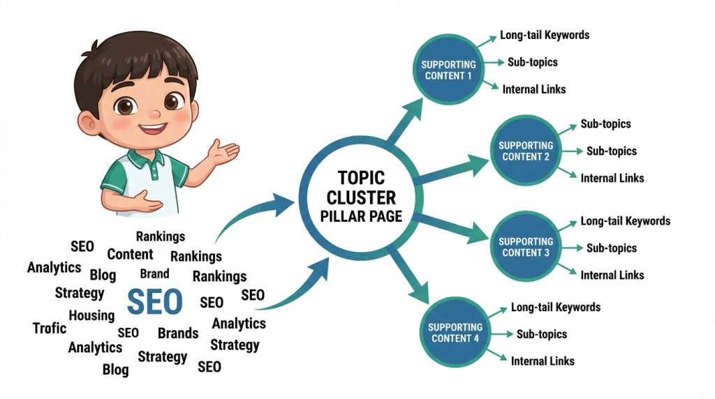 Keyword clustering là kỹ thuật nhóm từ khóa theo intent và ngữ nghĩa