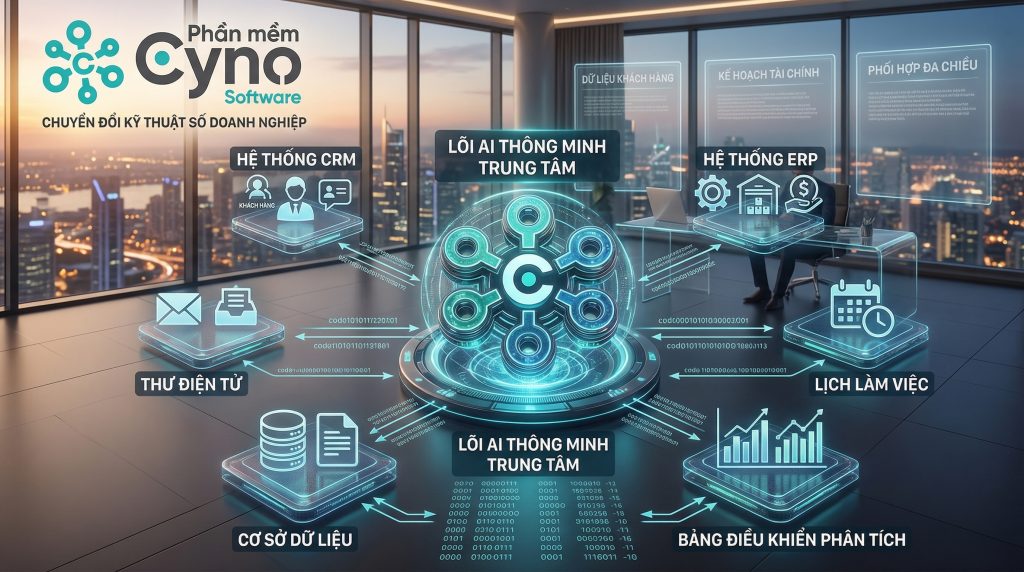 AI Agent giúp kết nối các hệ thống doanh nghiệp như CRM, ERP, email và dữ liệu để tự động hóa vận hành hiệu quả hơn.