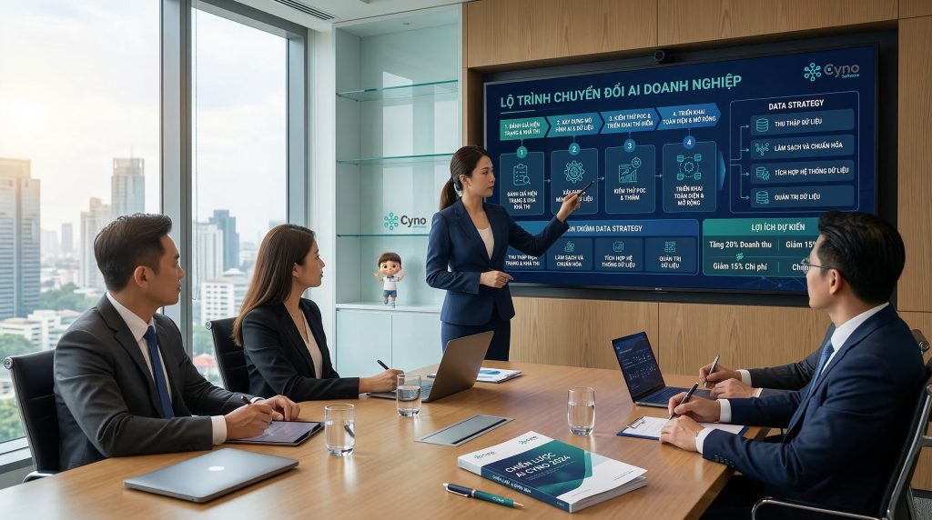 Hình ảnh thể hiện AI đóng vai trò hỗ trợ con người trong vận hành doanh nghiệp, tập trung vào tự động hóa tác vụ lặp lại thay vì thay thế hoàn toàn nhân sự.