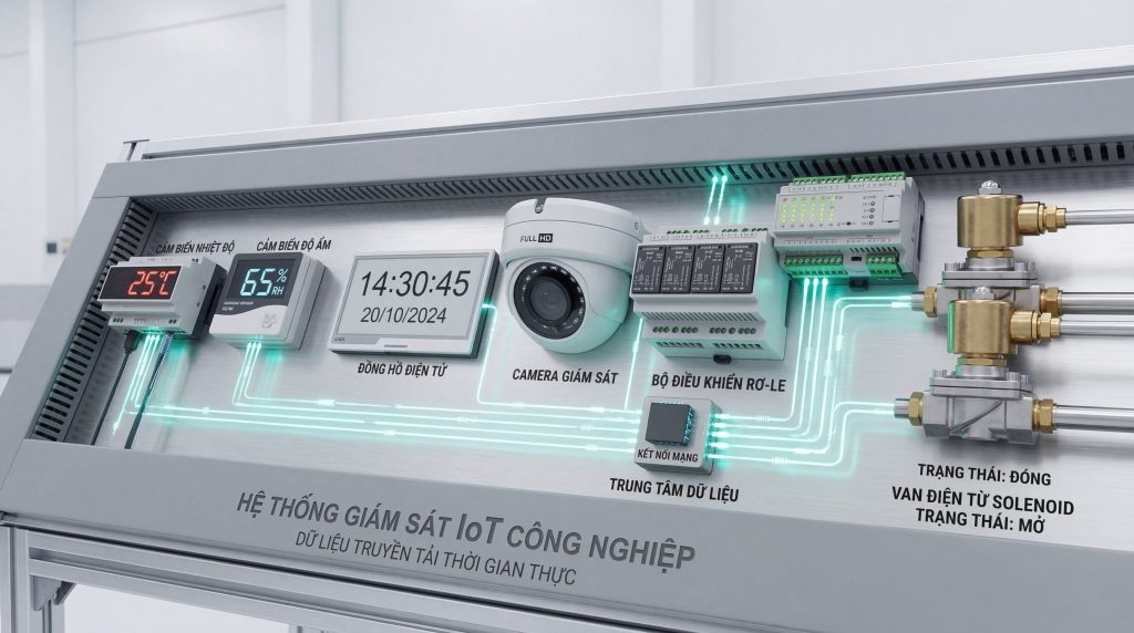Minh họa các cảm biến và thiết bị IoT như cảm biến nhiệt độ, độ ẩm, camera và bộ điều khiển trong hệ sinh thái tự động hóa.