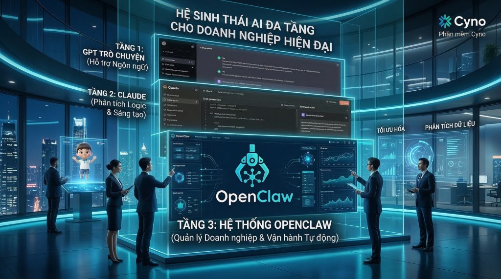 Hệ sinh thái AI doanh nghiệp gồm Chat GPT, Claude và OpenClaw trong một kiến trúc vận hành hiện đại.