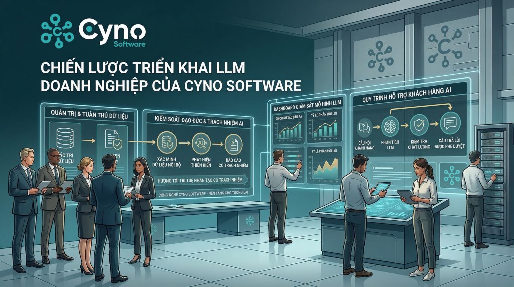 Minh họa chiến lược triển khai LLM bài bản với dữ liệu, workflow và kiểm soát đầu ra trong doanh nghiệp.