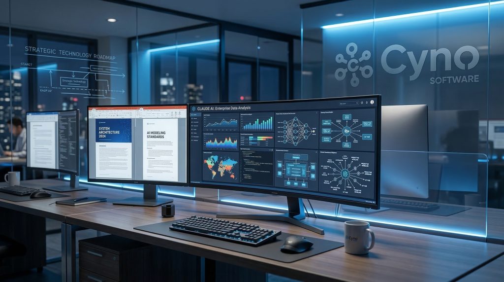 Claude AI trong môi trường doanh nghiệp hiện đại hỗ trợ phân tích dữ liệu và triển khai hệ thống phần mềm.