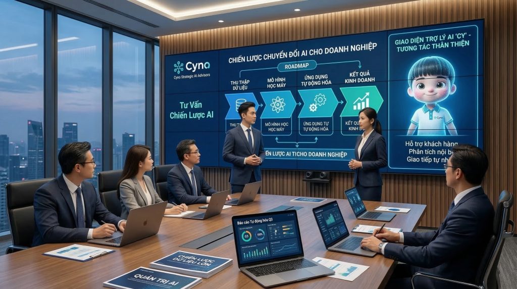 Hình ảnh mô phỏng đội ngũ chuyên gia tư vấn chiến lược ứng dụng AI cho doanh nghiệp, nhấn mạnh yếu tố phân tích hệ thống và triển khai bài bản.