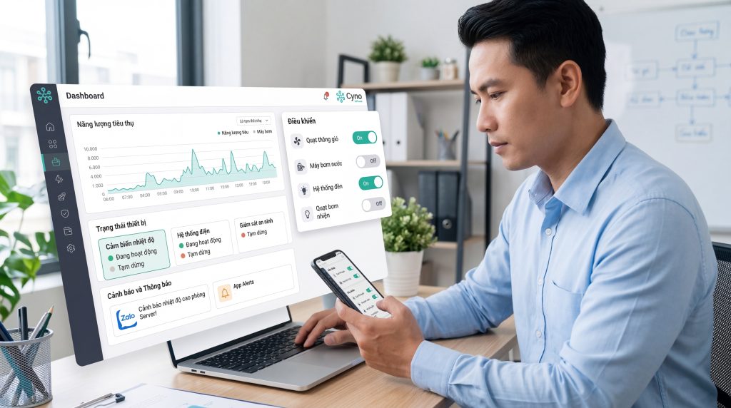 Hình ảnh dashboard quản trị IoT cho phép doanh nghiệp giám sát dữ liệu và điều khiển thiết bị từ xa theo thời gian thực.