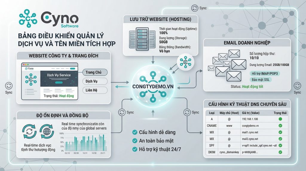 Quá trình đồng bộ tên miền với website, hosting và email doanh nghiệp để vận hành hệ thống số ổn định hơn.