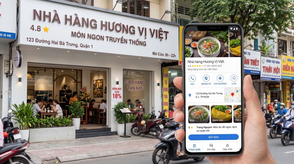 Hình ảnh minh họa doanh nghiệp địa phương xuất hiện nổi bật trên Google Maps với review, thông tin liên hệ và các nút hành động trực tiếp.