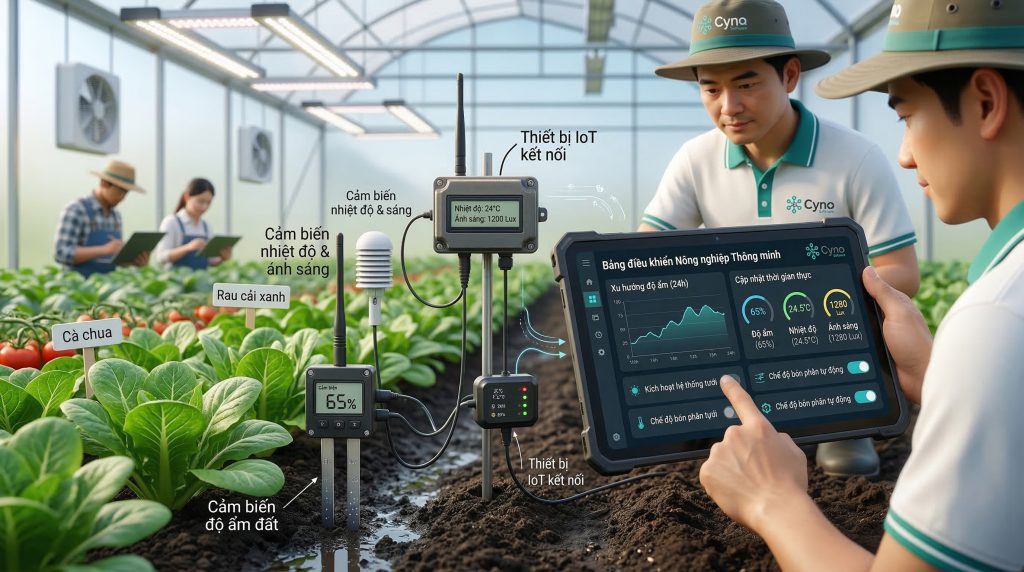 Ứng dụng IoT và cảm biến môi trường trong nông nghiệp công nghệ cao để giám sát dữ liệu thời gian thực.