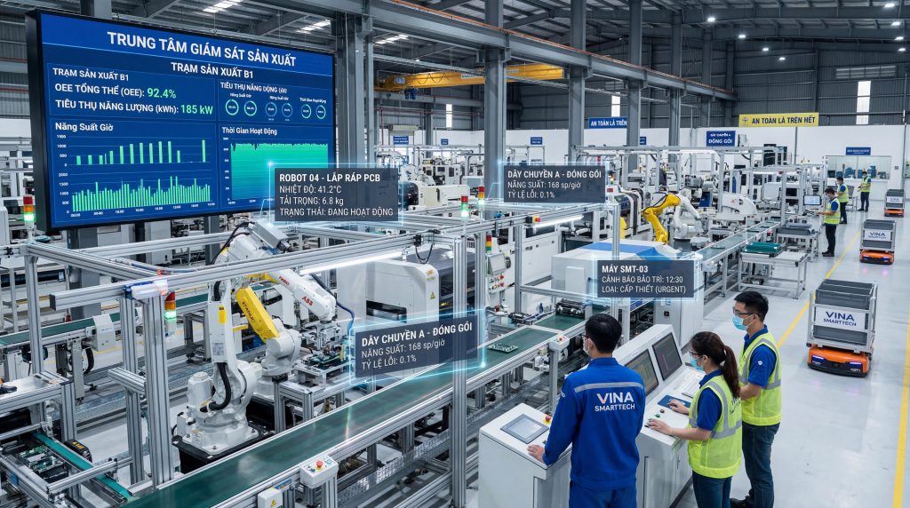 Minh họa ứng dụng IoT trong nhà máy thông minh giúp giám sát máy móc, hiệu suất sản xuất và cảnh báo bảo trì sớm.