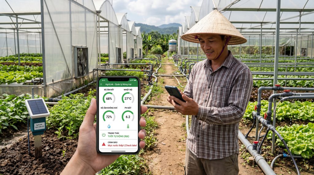 Hình ảnh IoT trong nông nghiệp với cảm biến độ ẩm đất, hệ thống tưới tự động và giám sát nhà màng từ xa qua điện thoại.