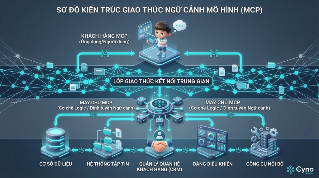 Kiến trúc Model Context Protocol với MCP Client và MCP Server giúp chuẩn hóa kết nối giữa AI và dữ liệu.